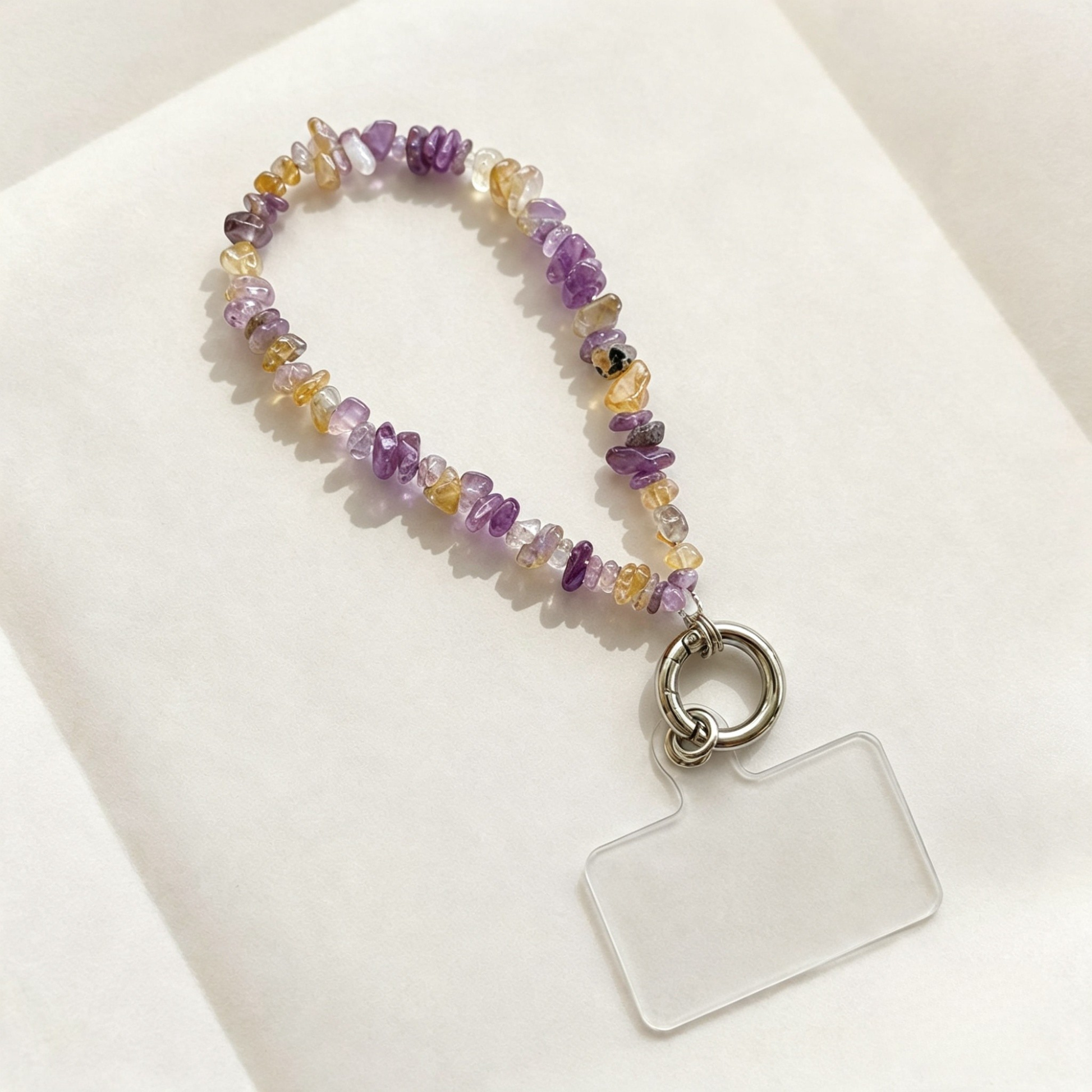 Layout of the purple quartz phone charm with phone adapter.