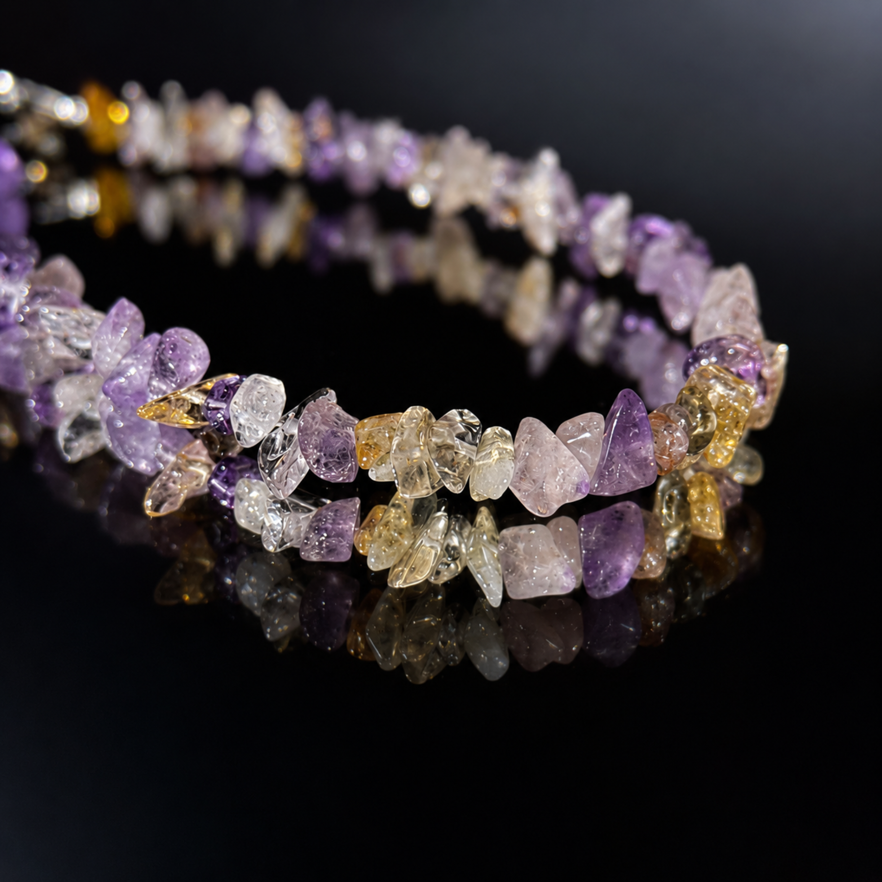 Close-up purple quartz chips natural stone phone charm on a mirror