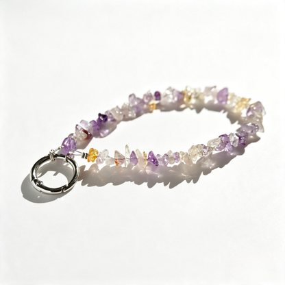 Angle photo of a purple quartz phone charm