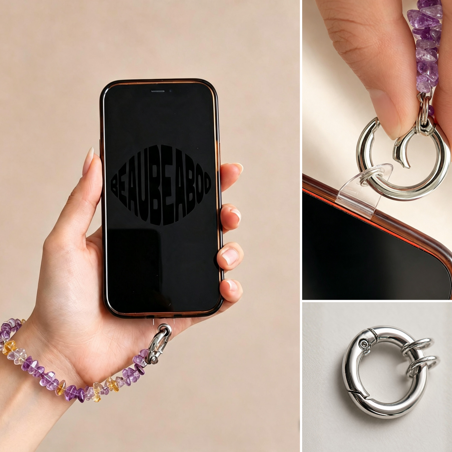 Cluster photos presenting how the charm is attached to a phone