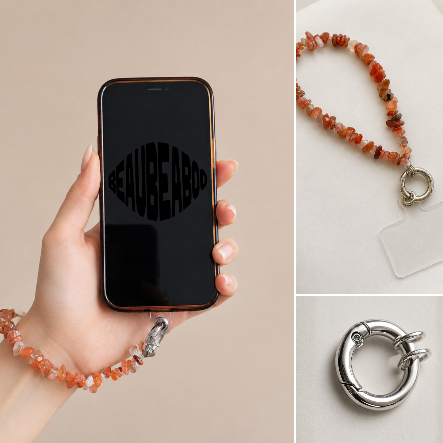 cluster photos of red agate content with one stone chip strap and phone adapter