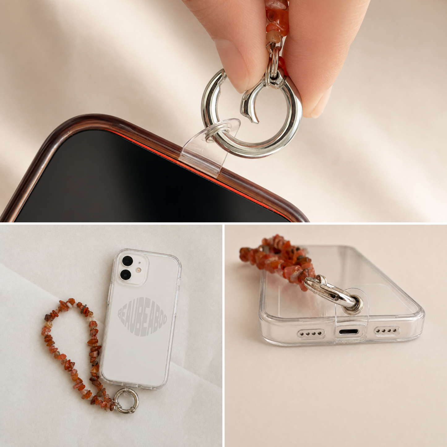 it demonstrates how the phone charm is attached to a phone