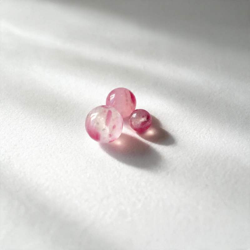 Plusieurs perles Rosé réunies, montrant leurs variations de teinte et de transparence