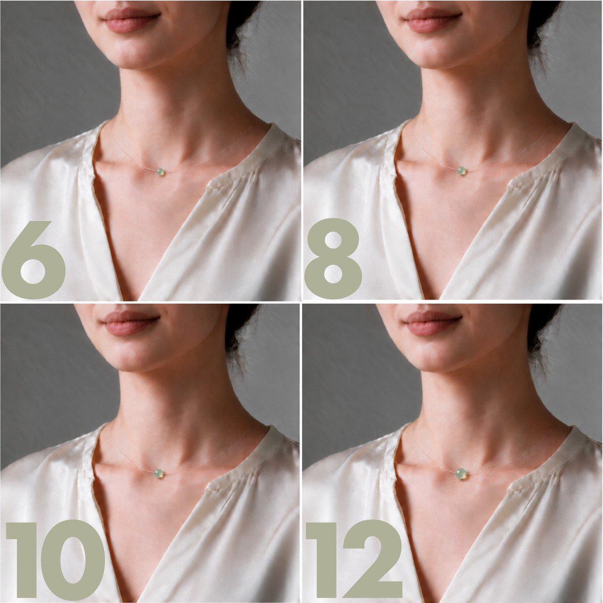 Comparaison des tailles de perle du collier à perle flottante : 6, 8, 10 et 12 mm