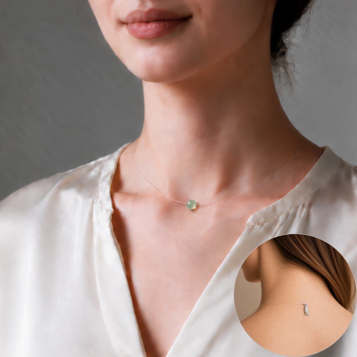 Collier à perle flottante en agate, porté, vue de face et de dos