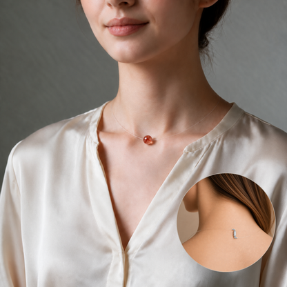 Floating Bead Choker Syrah porté de face;Vue de dos du collier Syrah avec fil transparent et fermoir argenté